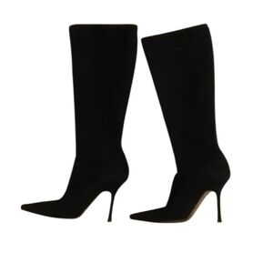 Jimmy Choo Black Suede Pointed-Toe Tall Stiletto Boots
